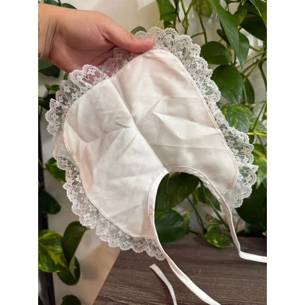 Vintage Satin Baptism Bib with Lace Trim